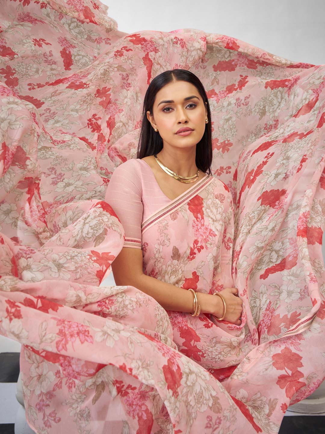 Pink floral georgette saree casual style