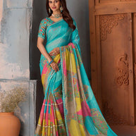 Blue printed chiffon saree festive wear