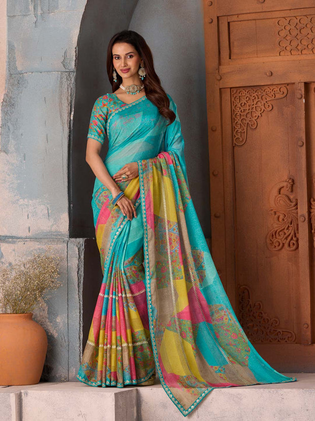 Blue printed chiffon saree festive wear
