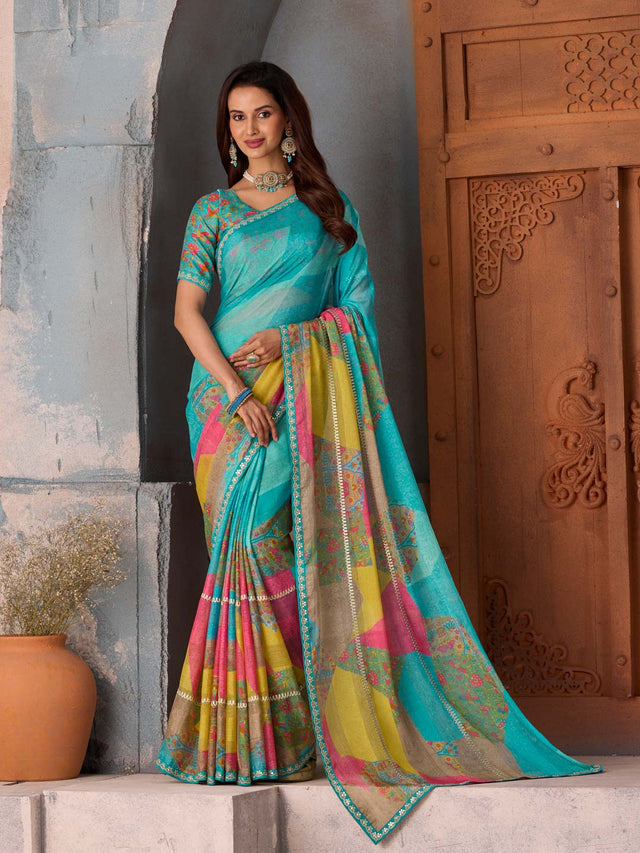 Blue printed chiffon saree festive wear