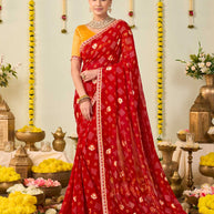 Red bandhani printed georgette saree festive wear