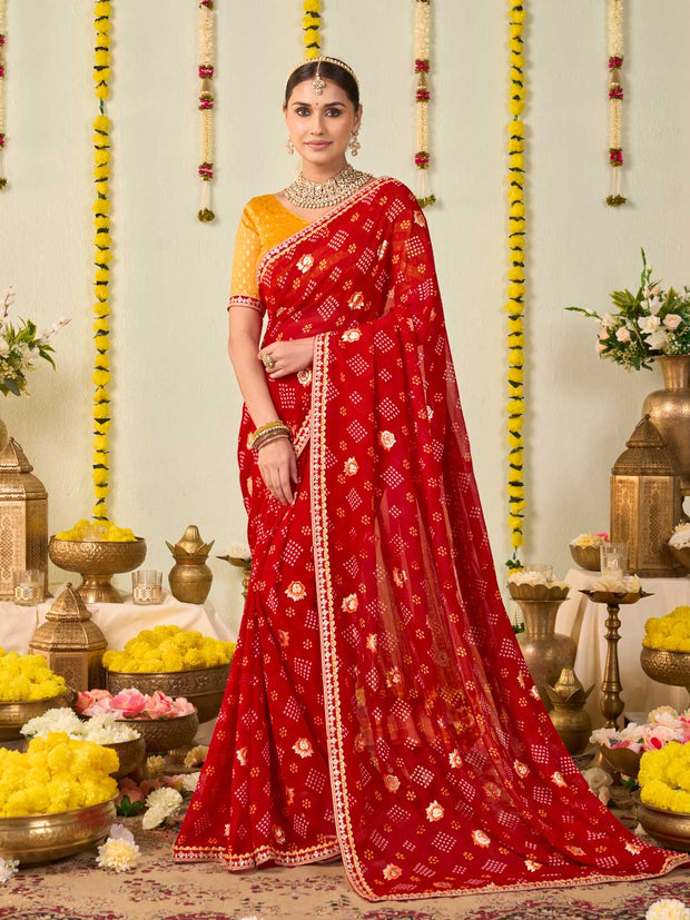 Red bandhani printed georgette saree festive wear