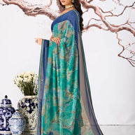 Blue abstract printed georgette saree casual wear