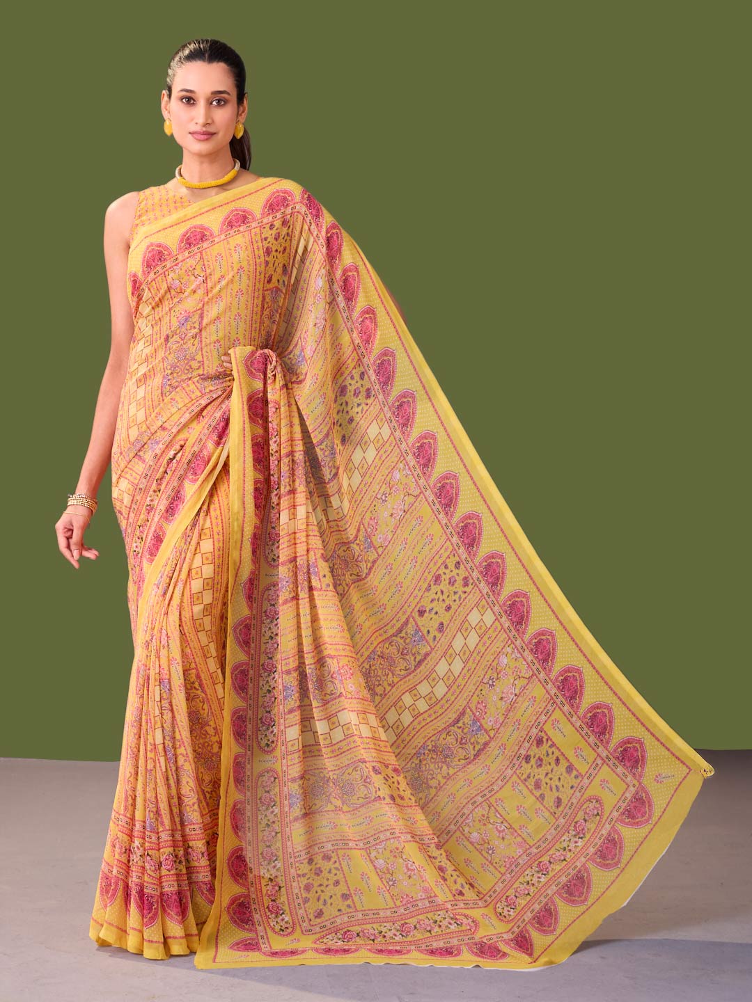 Laxmipati Dillagi Yellow Georgette Floral Saree
