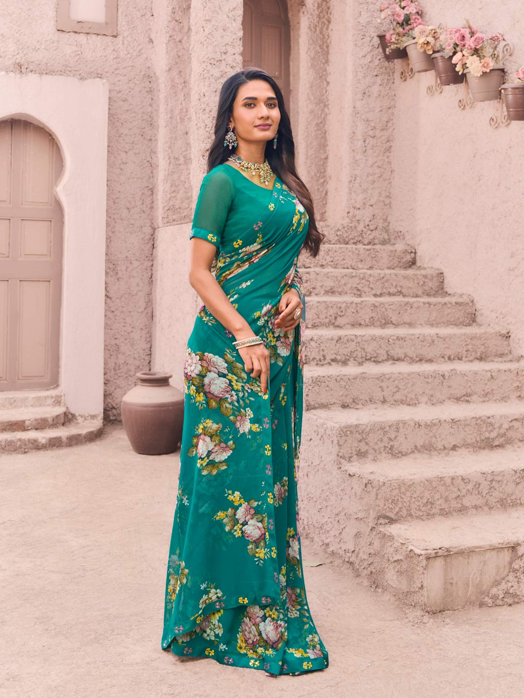 stylish teal designer saree