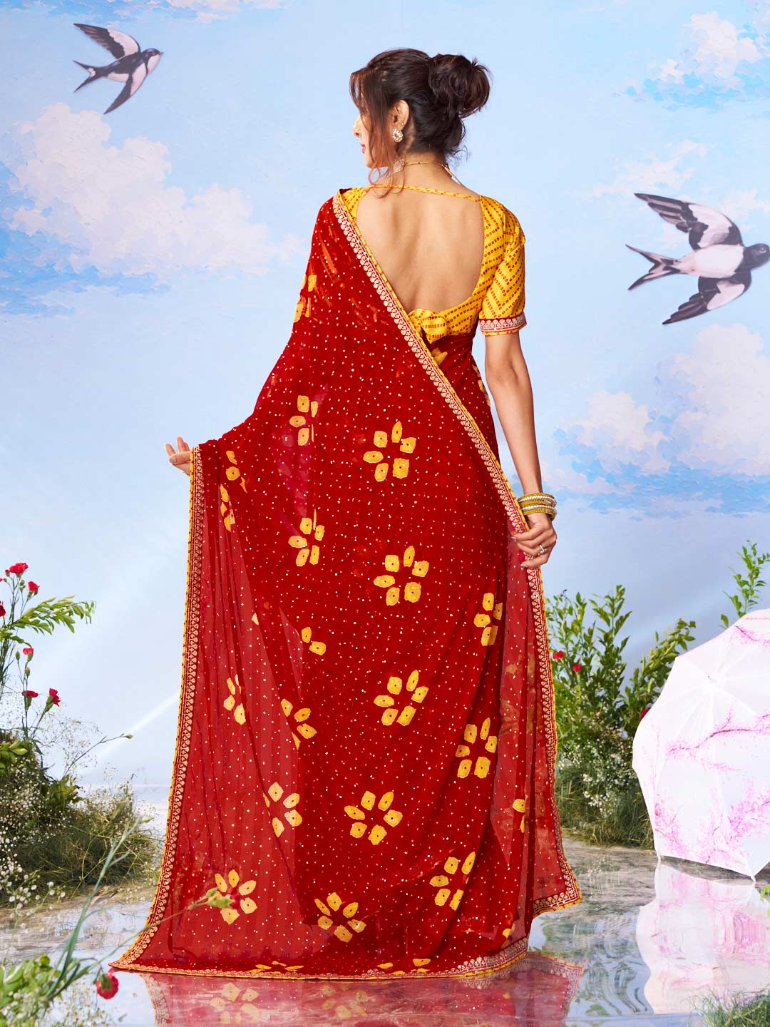 Red floral printed georgette saree wedding wear