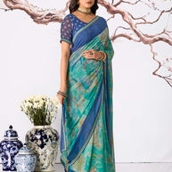 Blue abstract printed georgette saree party wear
