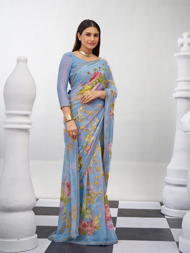Blue floral saree lightweight georgette