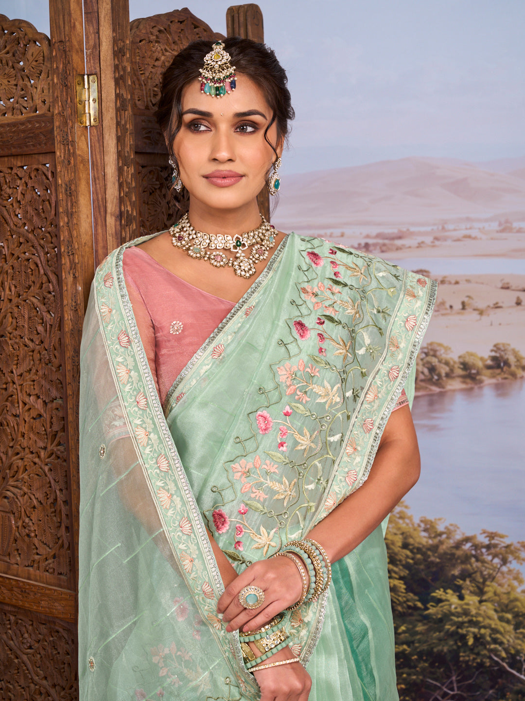 Green floral embroidered tissue organza saree ethnic wear