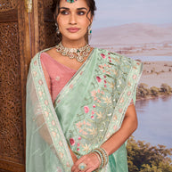 Green floral embroidered tissue organza saree ethnic wear