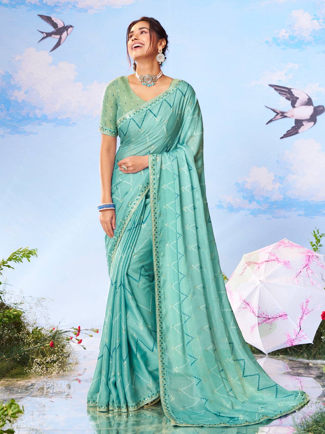 Blue dotted zigzag printed silk blend saree casual wear