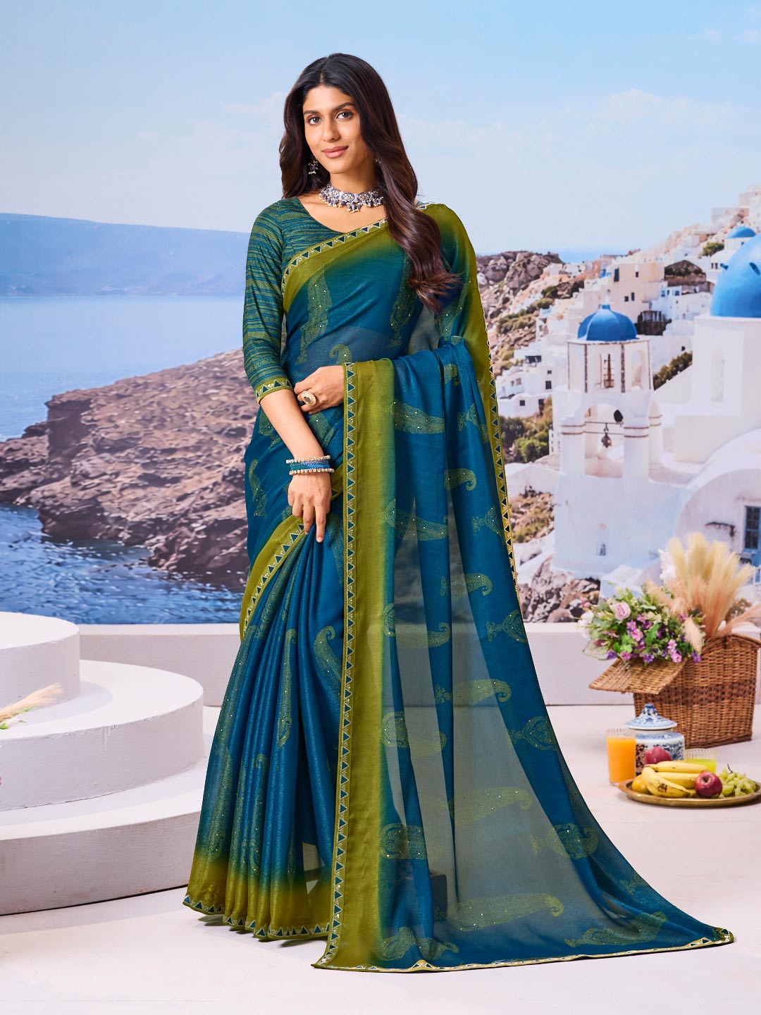 Blue floral printed silk blend saree elegant style