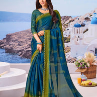 Blue floral printed silk blend saree elegant style