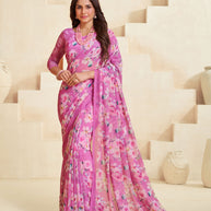Pink floral printed georgette saree stylish look