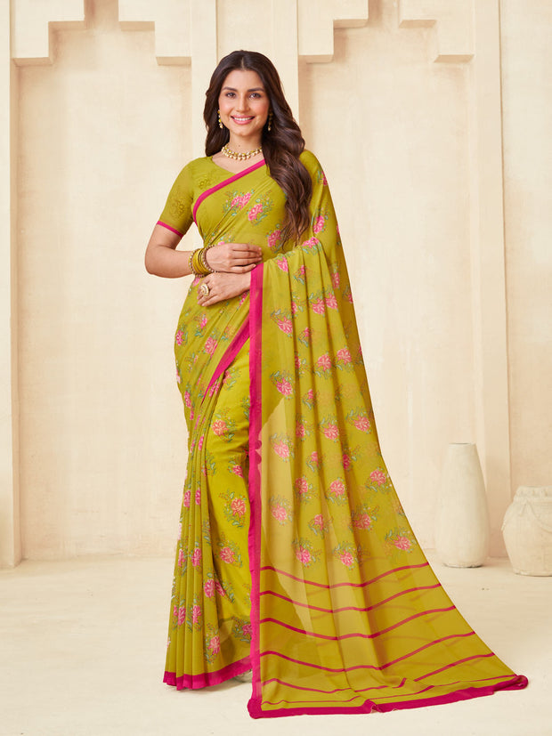 Mustard floral printed georgette saree casual wear