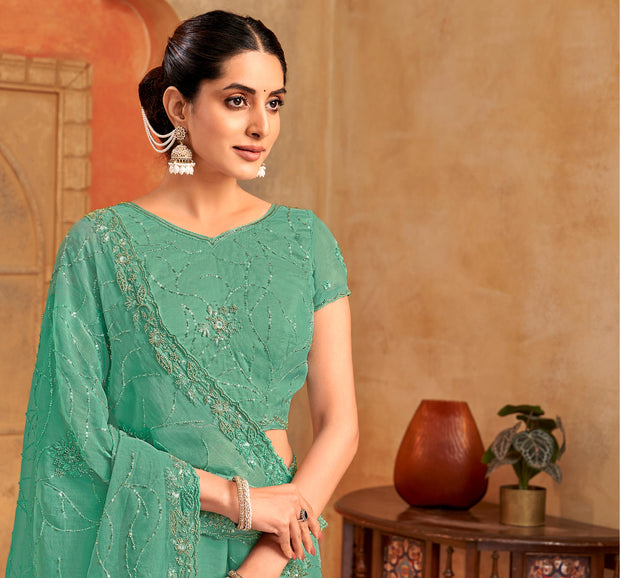 designer green embroidery saree