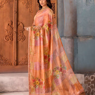 Orange patchwork floral printed chiffon saree festive wear