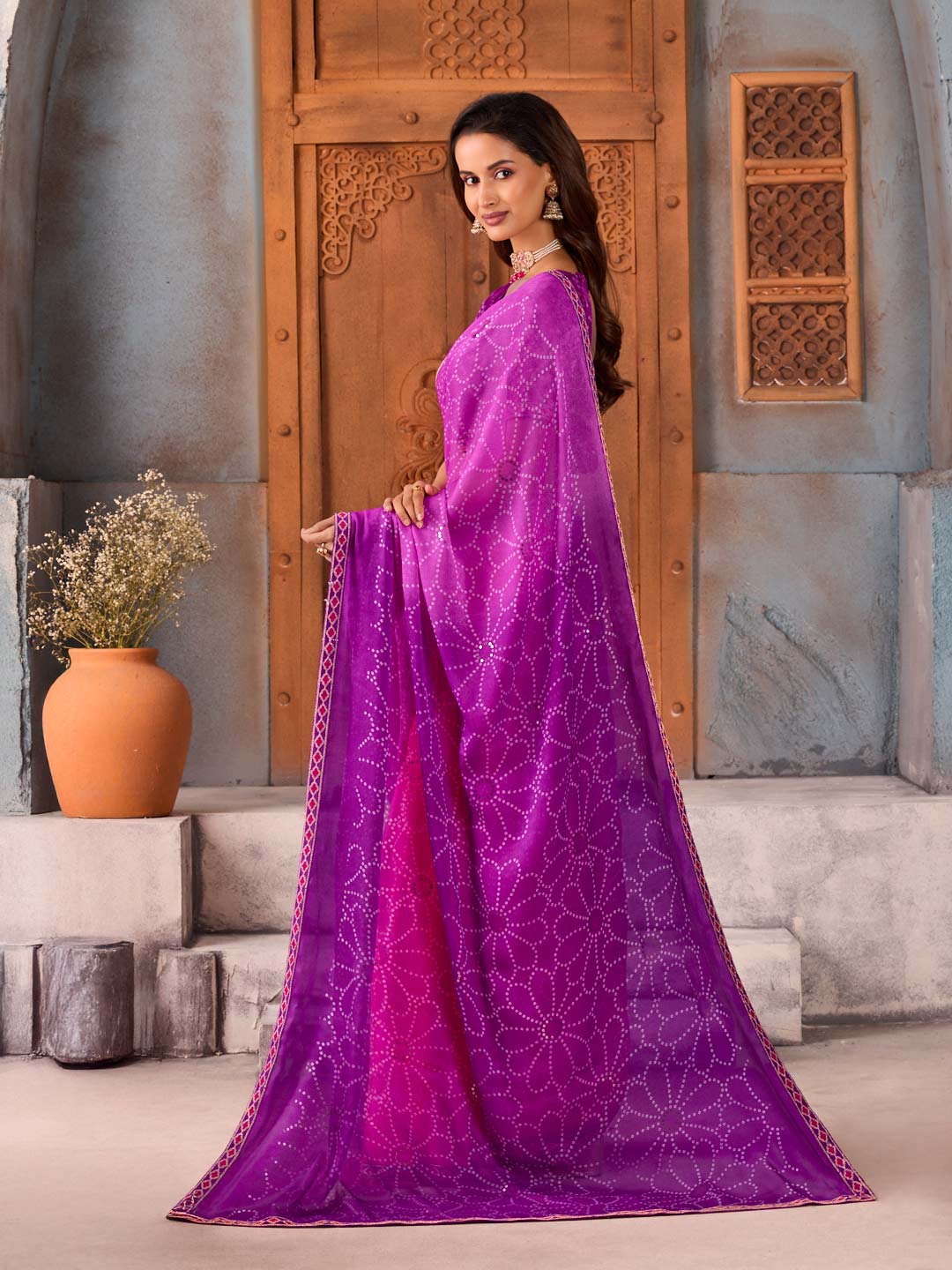 Pink ombré dotted silk blend saree casual wear