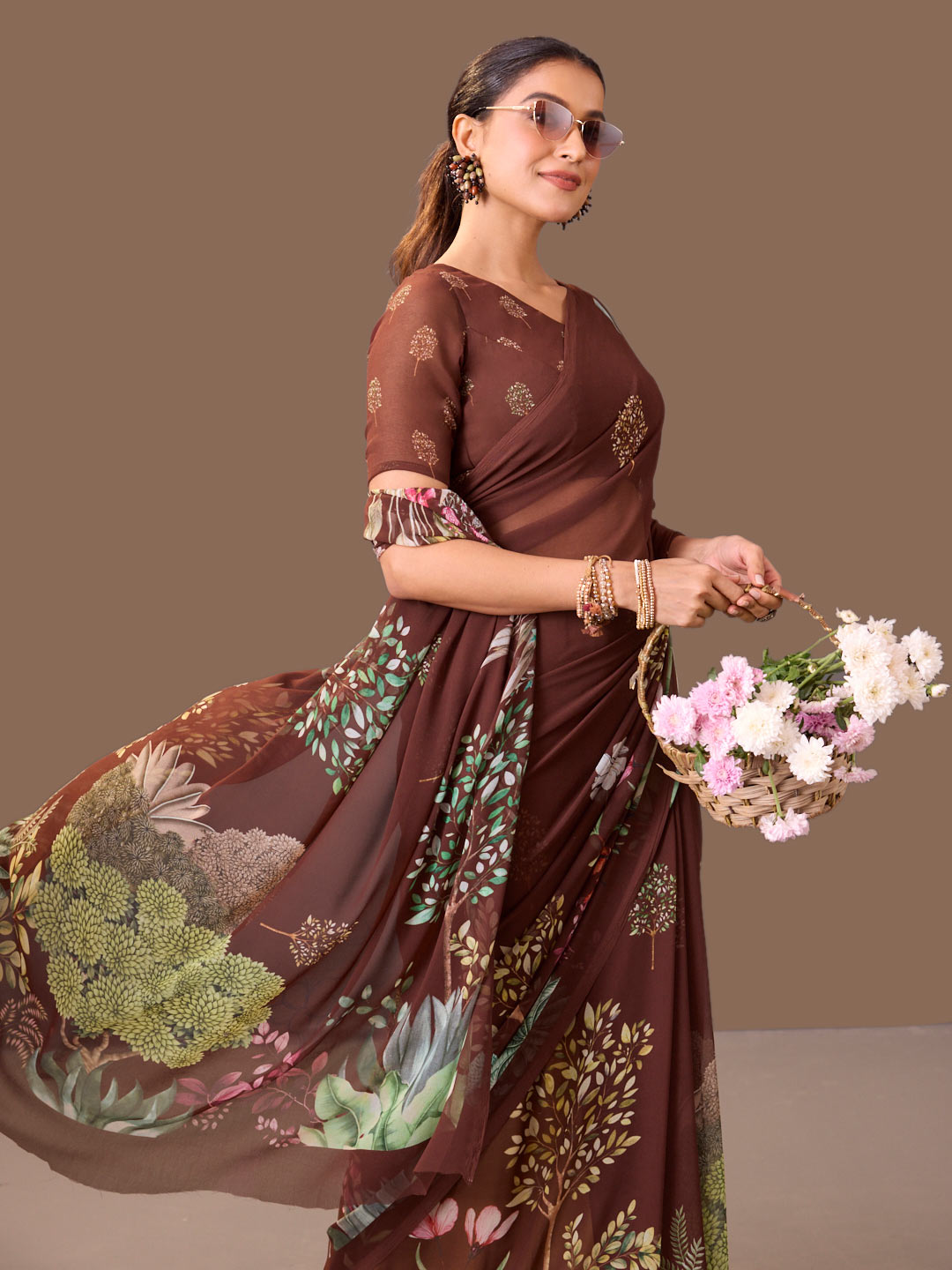 Laxmipati Dillagi Brown Georgette Floral Saree