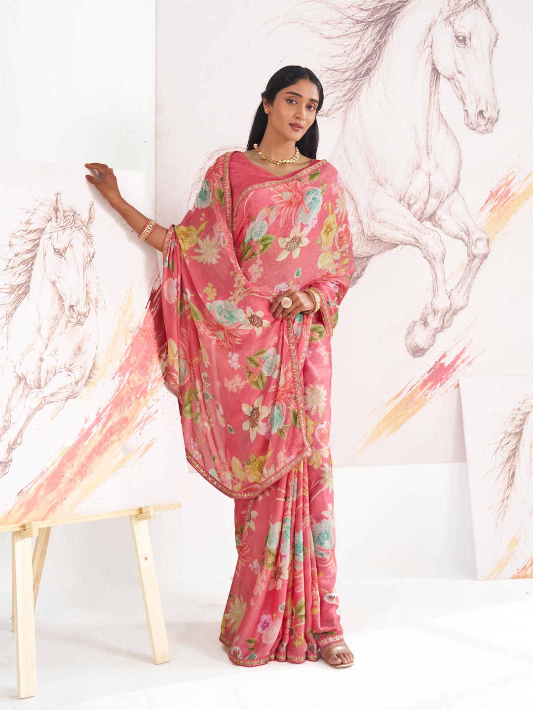 Laxmipati Murli Pink Chiffon Floral Saree