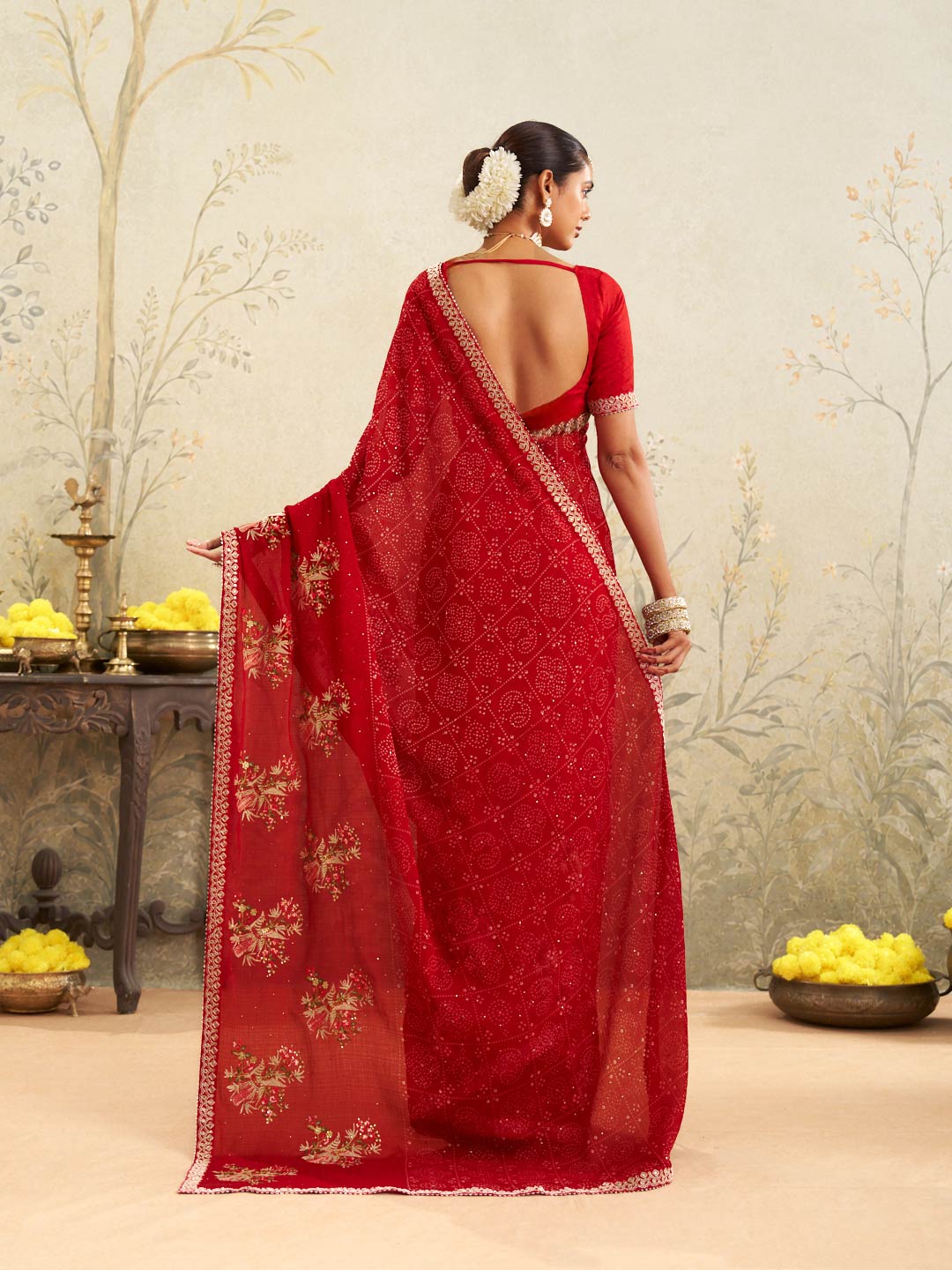 Red embroidered chiffon saree party wear
