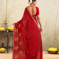 Red embroidered chiffon saree party wear