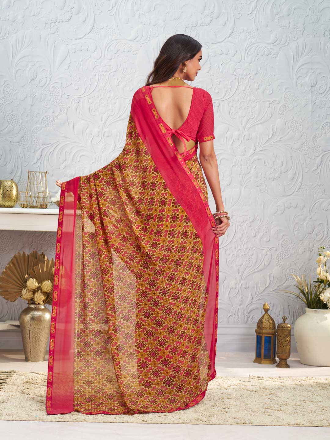 Orange floral printed georgette saree party wear