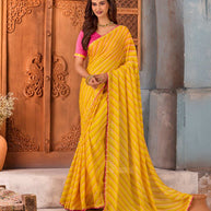 Yellow striped silk blend saree party wear