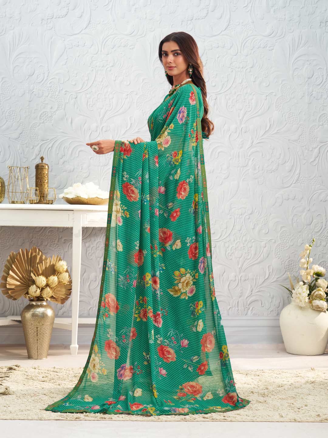 Green floral printed georgette saree festive wear