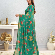 Green floral printed georgette saree festive wear