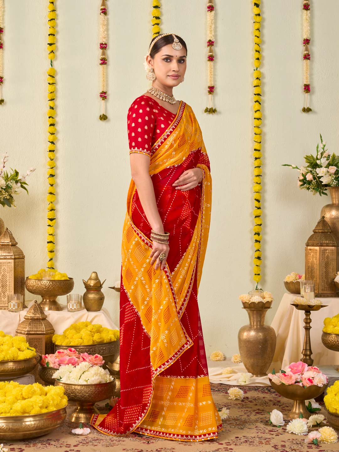 Red bandhani printed georgette saree casual wear