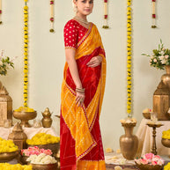 Red bandhani printed georgette saree casual wear