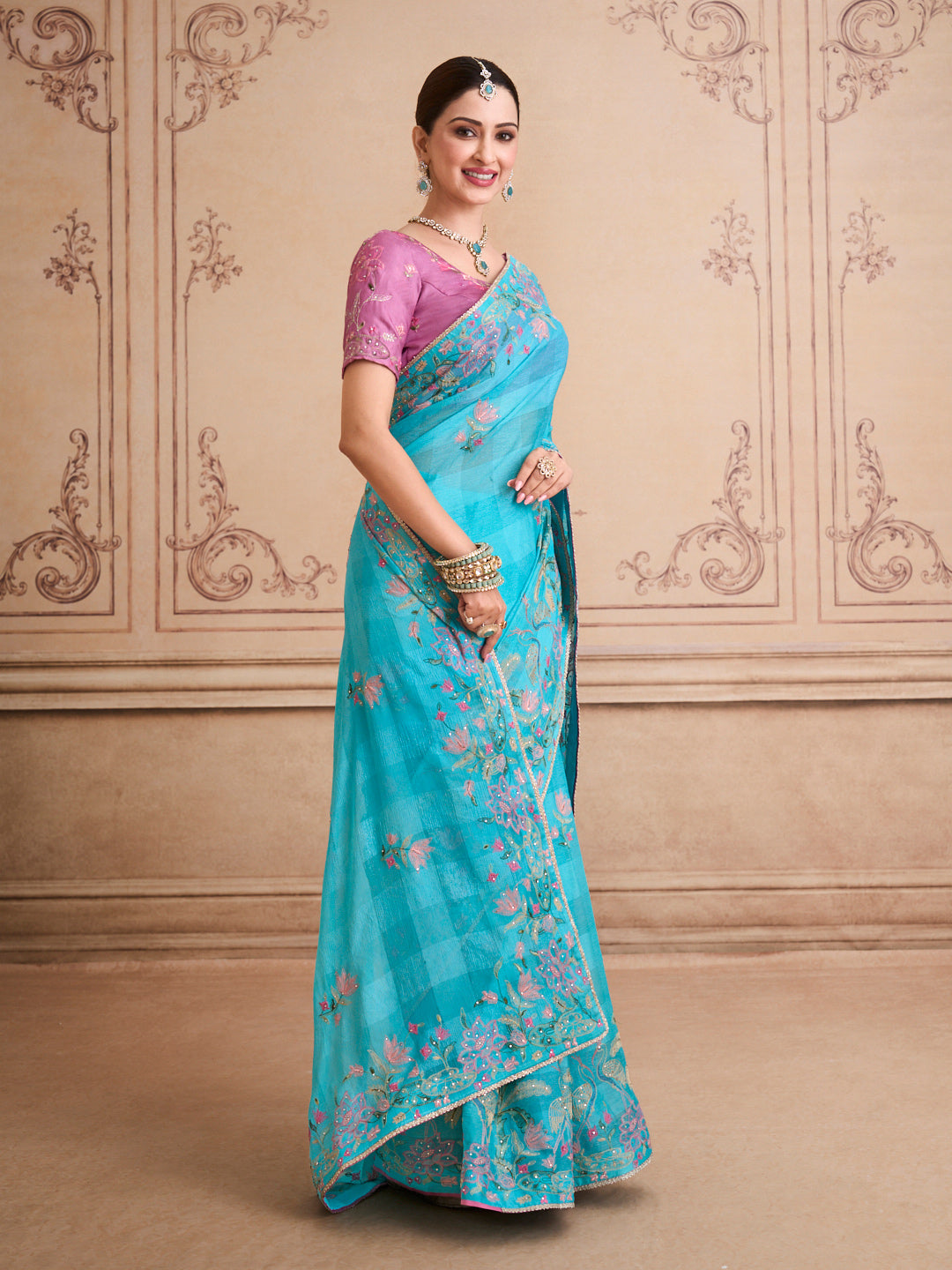 Blue embroidered chiffon saree casual wear