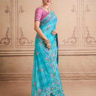 Blue embroidered chiffon saree casual wear