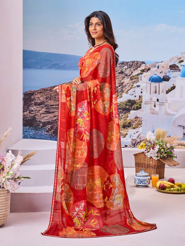Stylish red printed saree