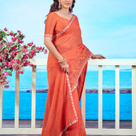 Orange embellished chiffon saree work wear 