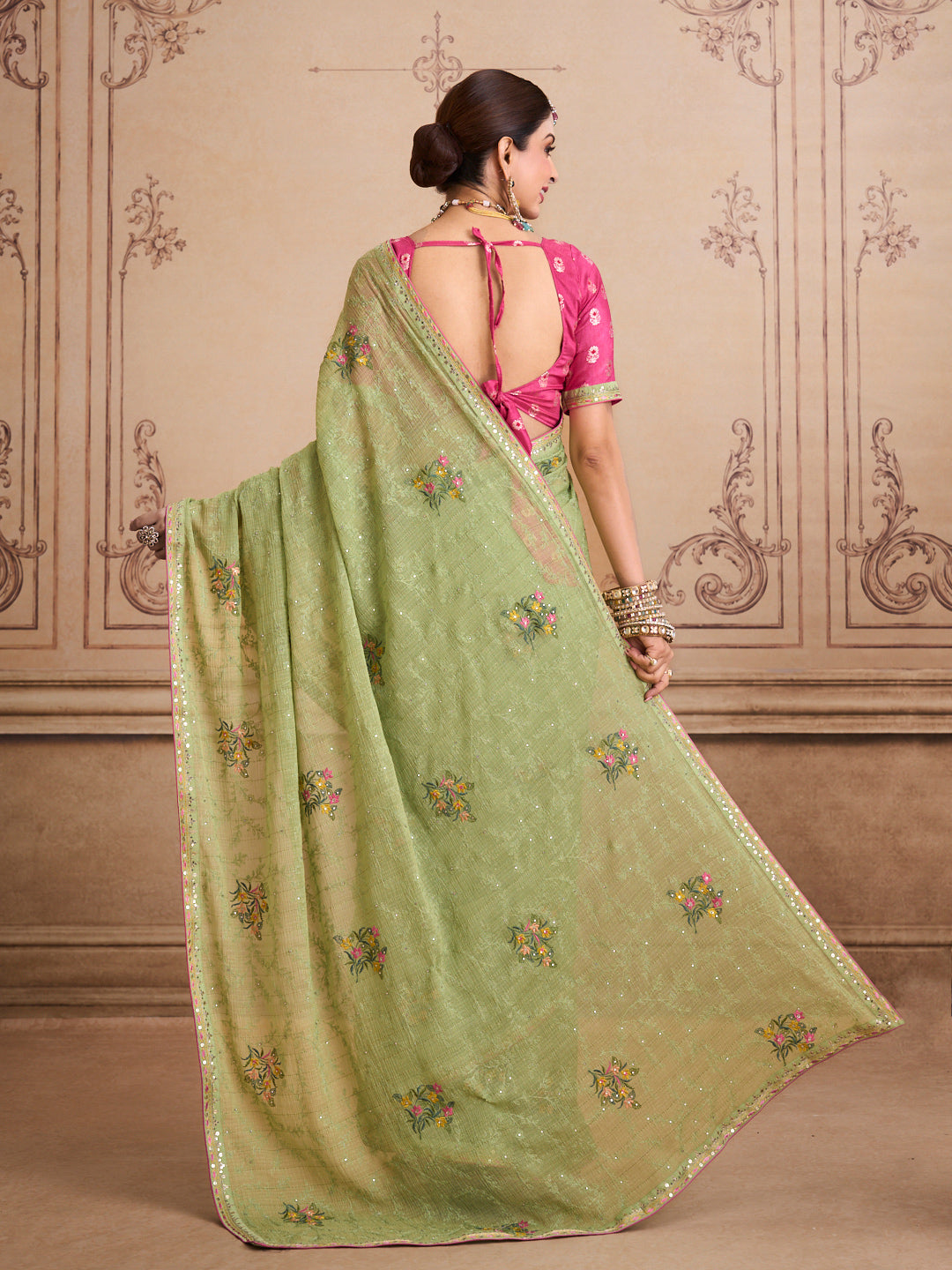 Green embroidered chiffon saree party wear