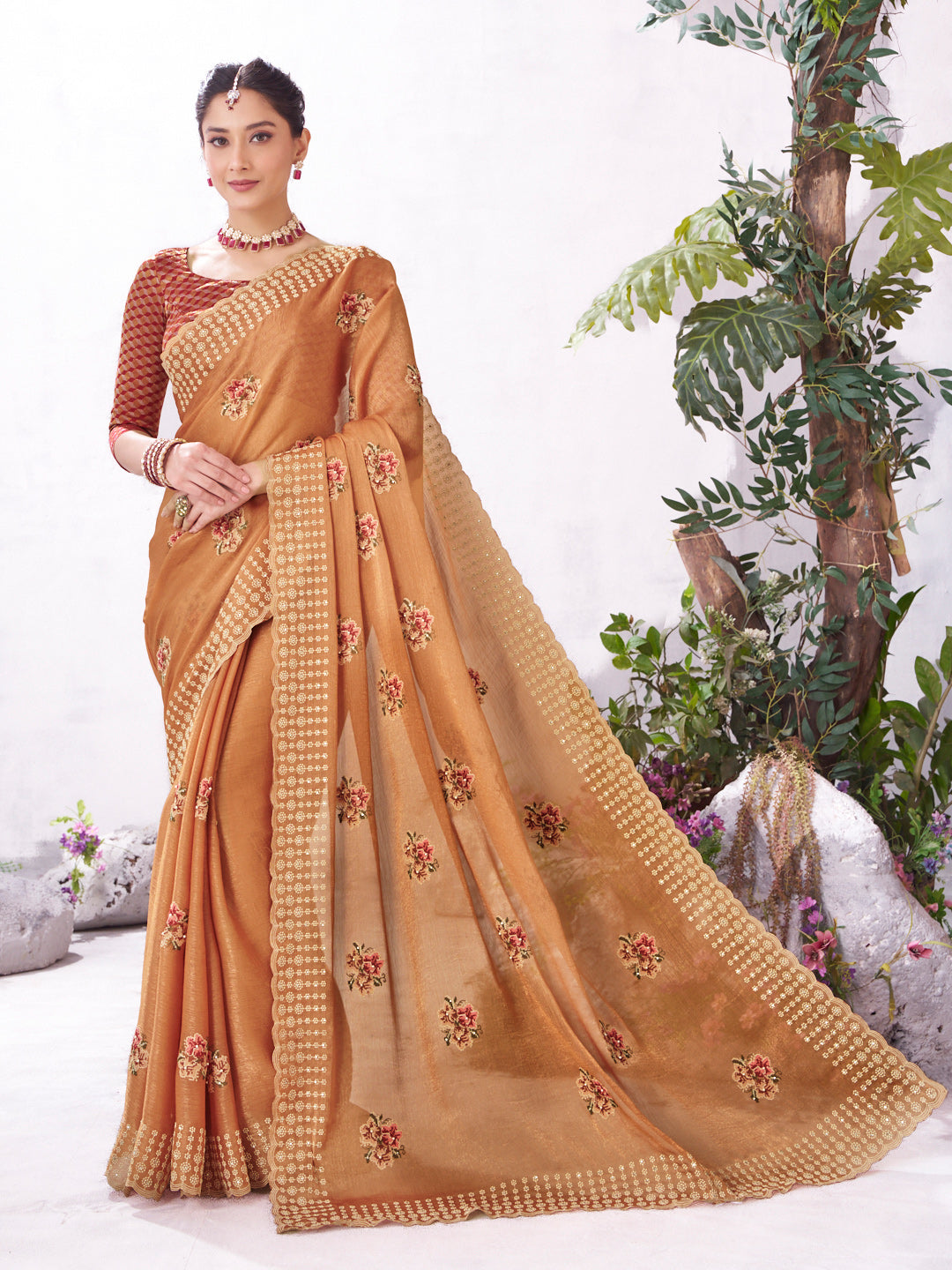 Orange floral embroidered chiffon saree elegant wear