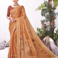 Orange floral embroidered chiffon saree elegant wear