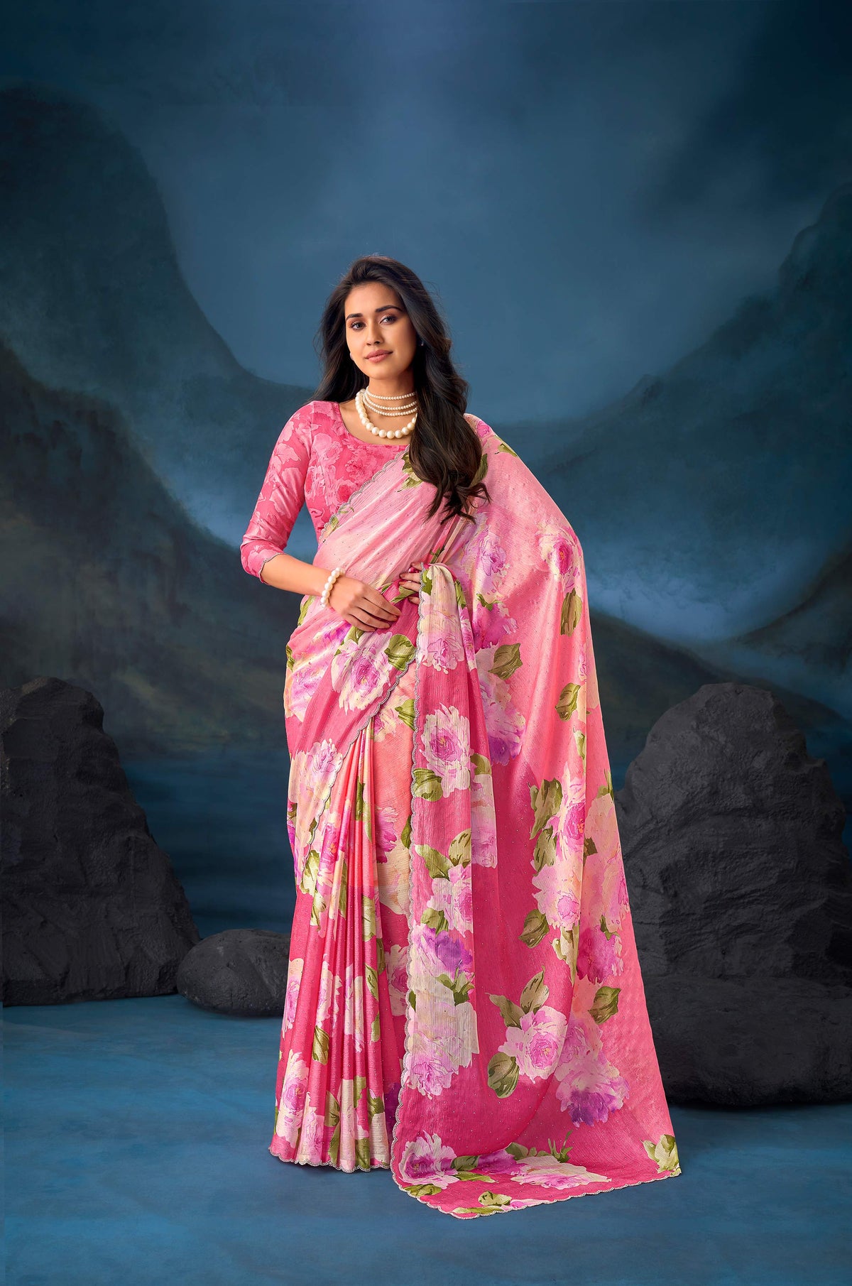 Pink floral embroidered tissue organza saree festive wear