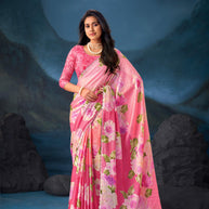 Pink floral embroidered tissue organza saree festive wear