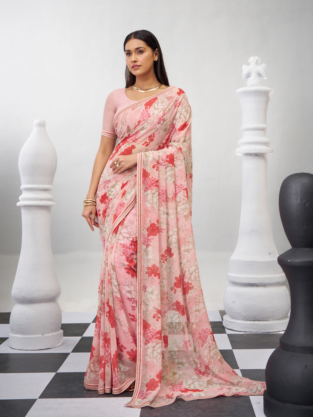 Pink floral printed georgette saree trendy look