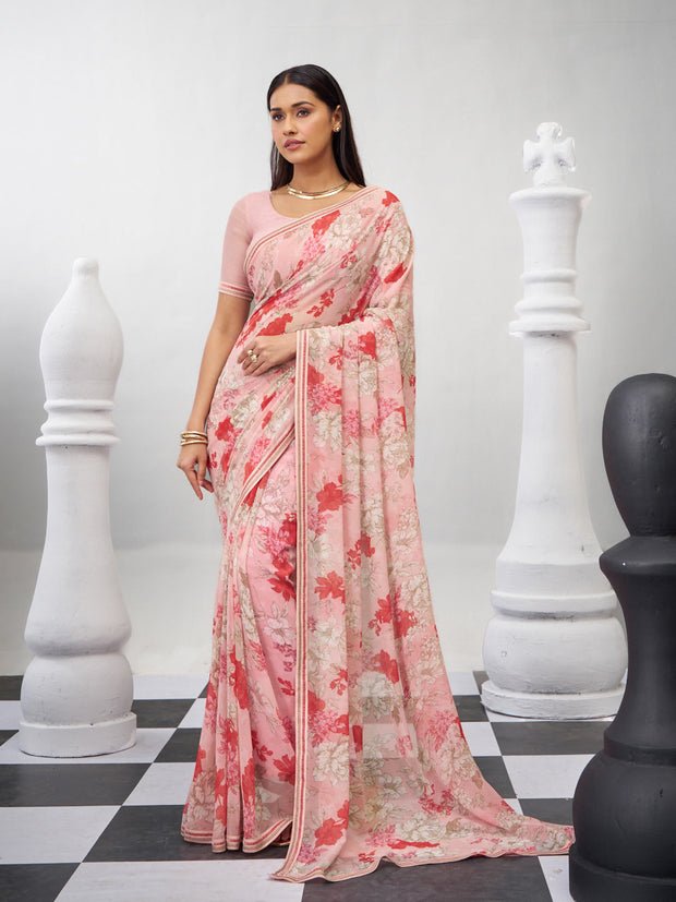 Pink floral printed georgette saree trendy look