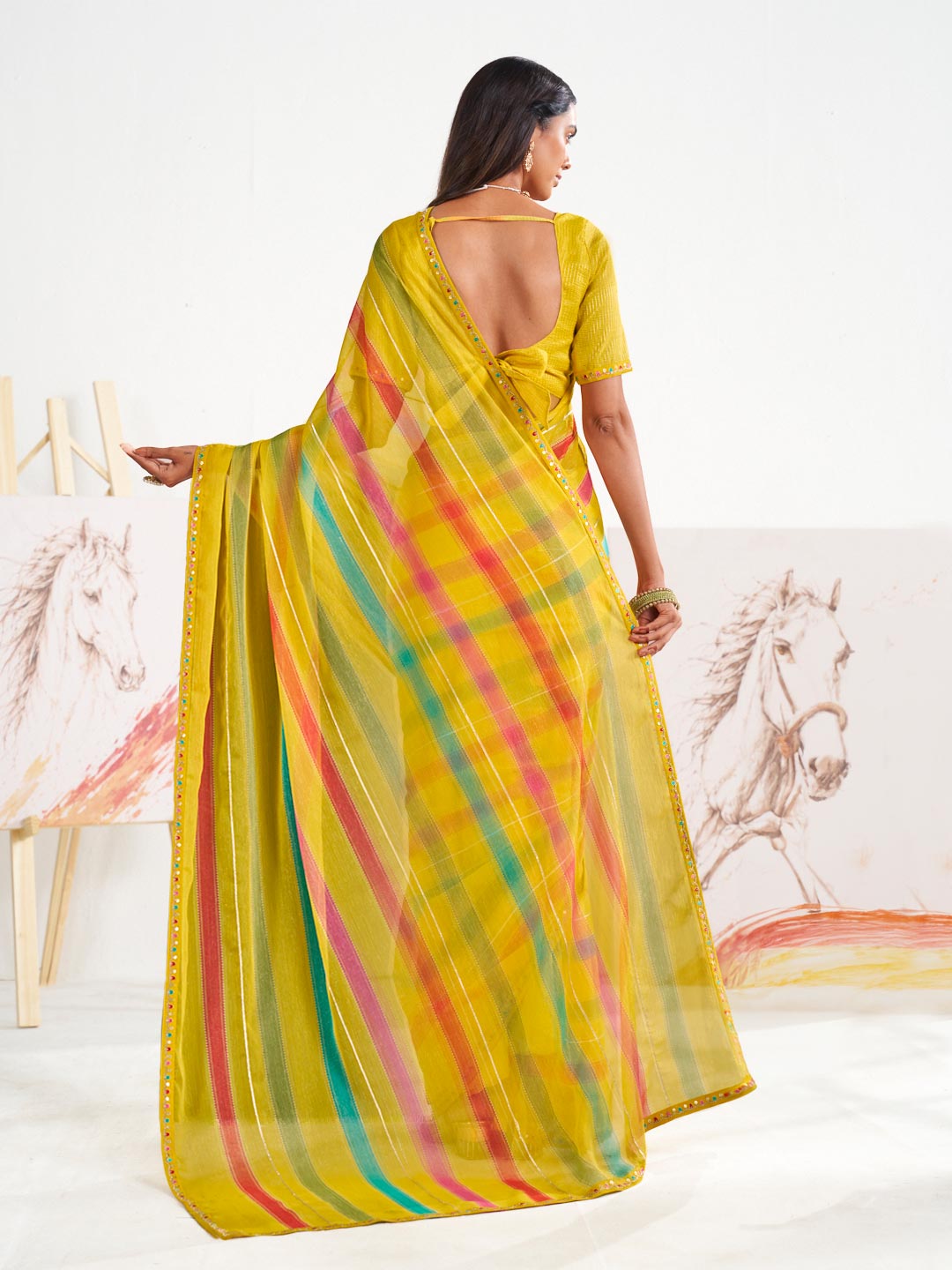 Laxmipati Murli Yellow Chiffon Striped Saree