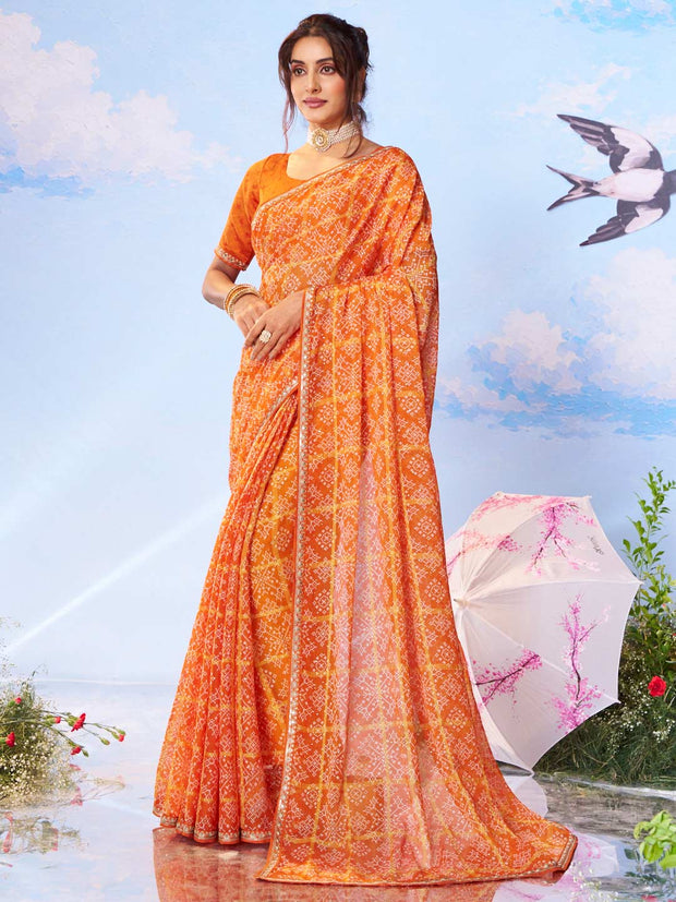 Orange floral printed silk saree festive wear