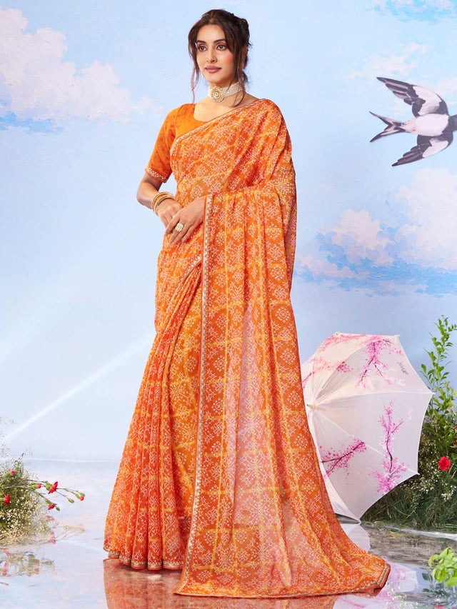 Orange floral printed silk saree festive wear