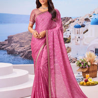 Pink floral printed silk blend saree elegant wear