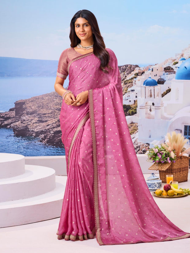Pink floral printed silk blend saree elegant wear
