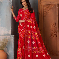 Red floral printed georgette saree party wear