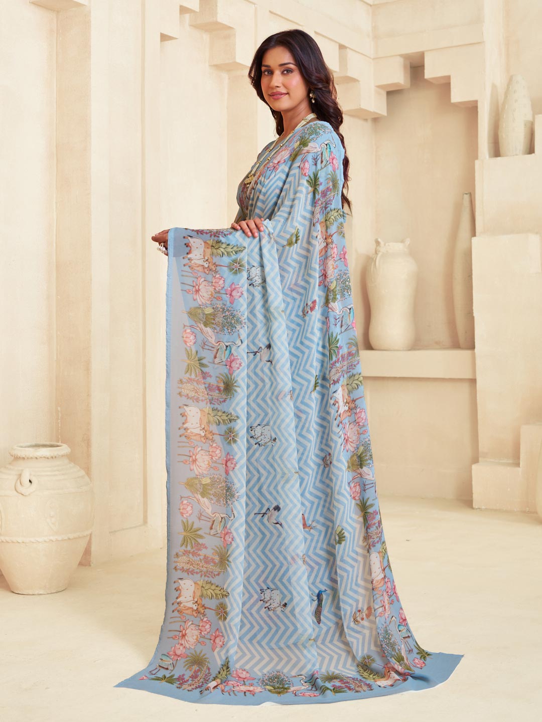 Blue printed saree daily wear style